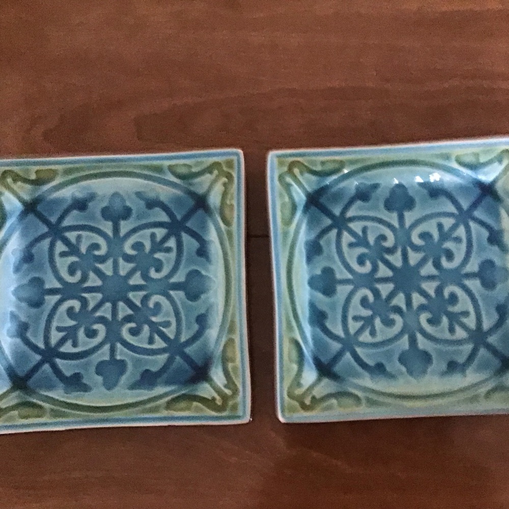Decorative Roesher 8” Square Stoneware Plates with Blue, Teal and Green Pattern
